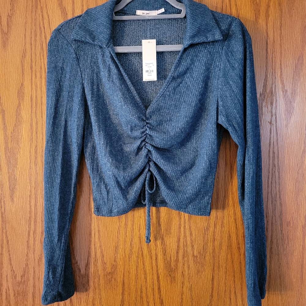 NWT Teal Collared Ruched Long Sleeve Crop Top, Size L